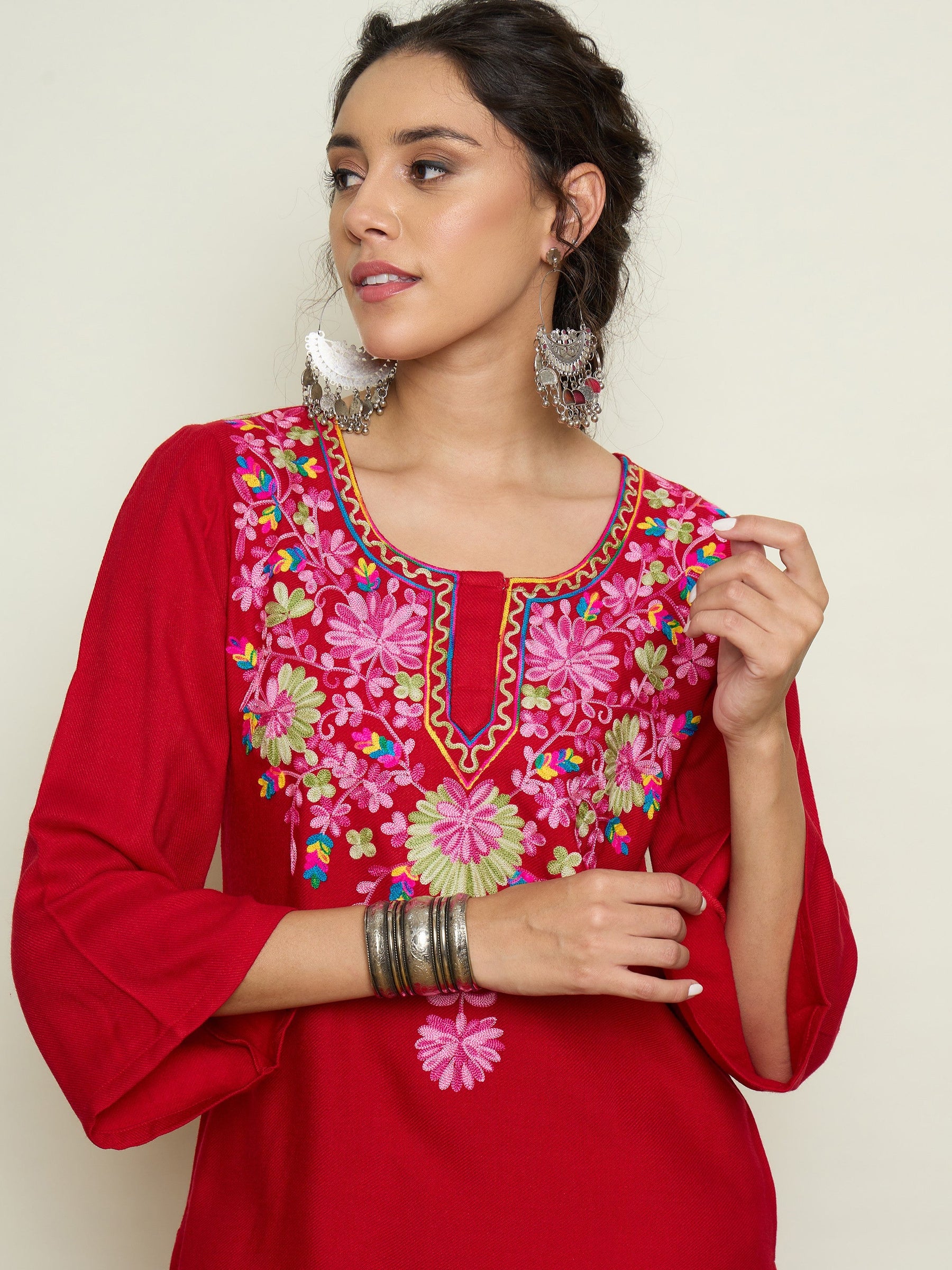 Red Woollen Embroidered Round Neck Short Kurta With Pencil Pants -Shae By SASSAFRAS
