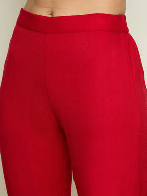 Red Woollen Embroidered Round Neck Short Kurta With Pencil Pants -Shae By SASSAFRAS