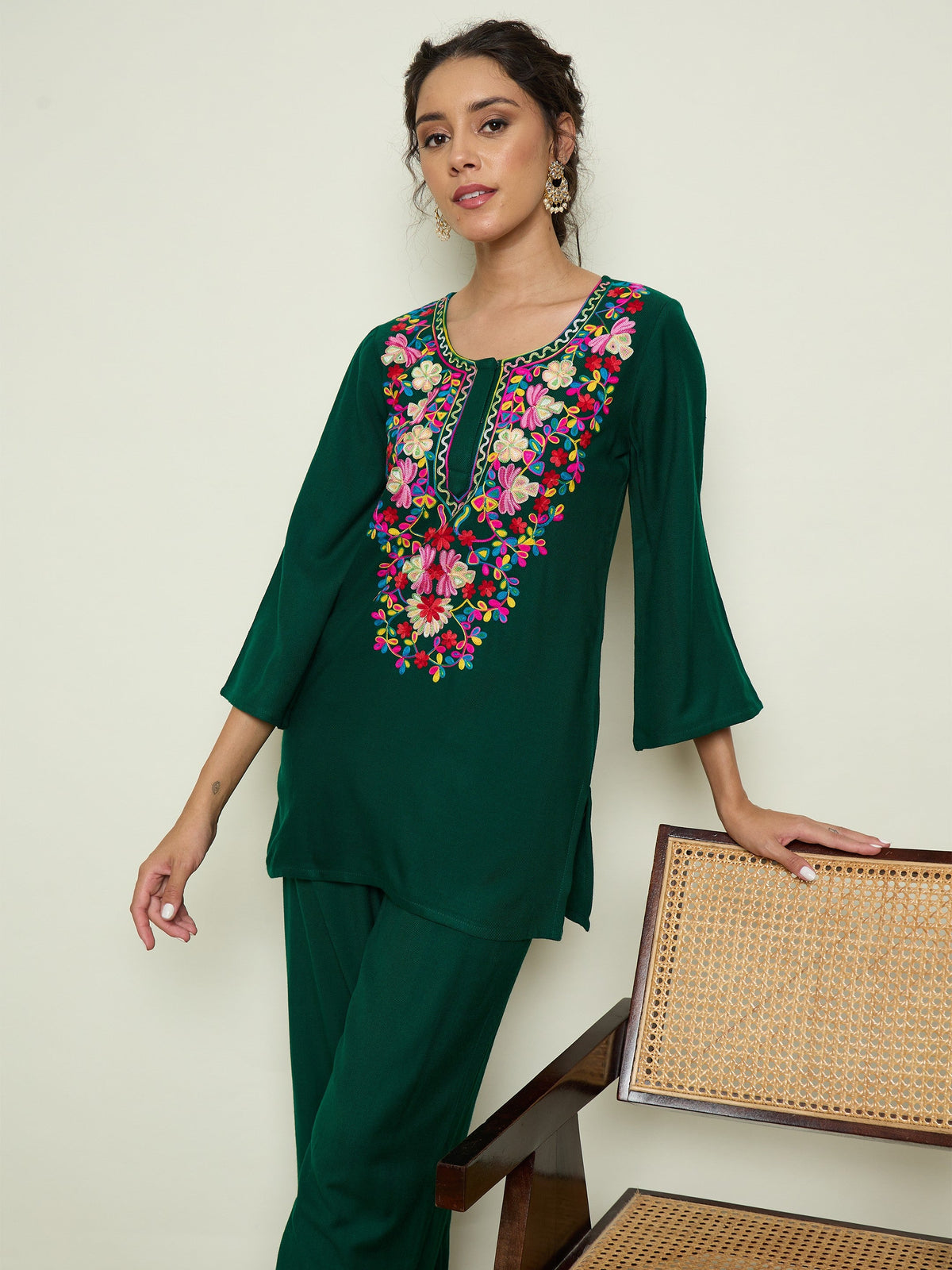 Green Woollen Embroidered Round Neck Short Kurta With Straight Pants -Shae By SASSAFRAS