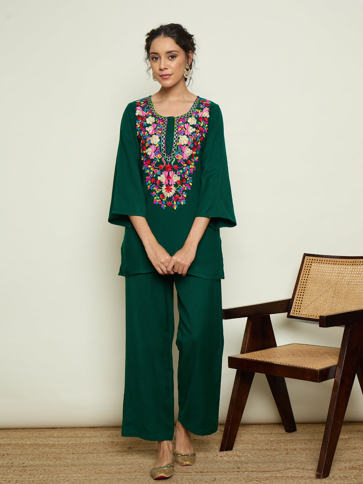 Green Woollen Embroidered Round Neck Short Kurta With Straight Pants -Shae By SASSAFRAS