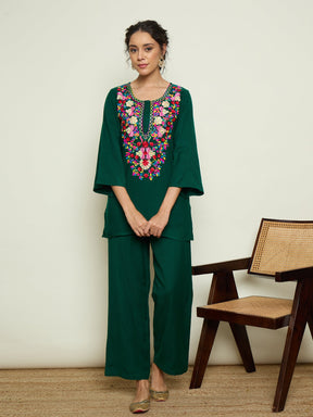 Green Woollen Embroidered Round Neck Short Kurta With Straight Pants -Shae By SASSAFRAS