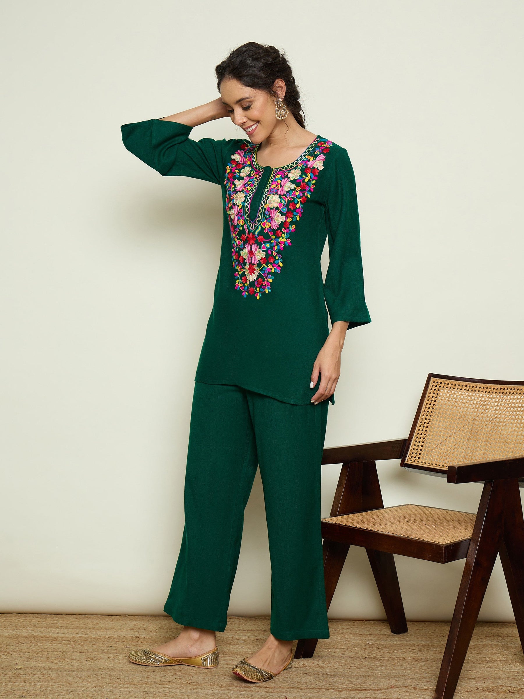 Green Woollen Embroidered Round Neck Short Kurta With Straight Pants -Shae By SASSAFRAS