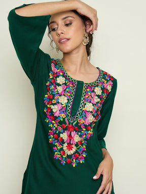 Green Woollen Embroidered Round Neck Short Kurta With Straight Pants -Shae By SASSAFRAS