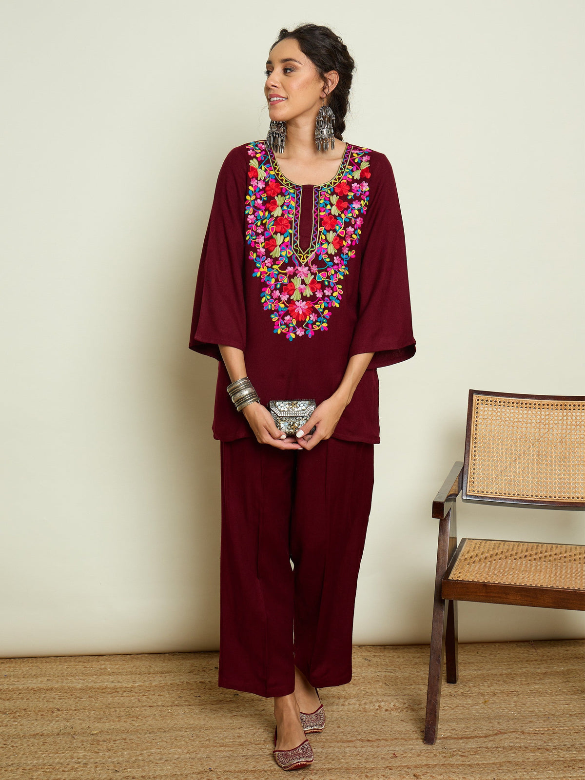 Maroon Woollen Embroidered Round Neck Short Kurta With Straight Pants -Shae By SASSAFRAS