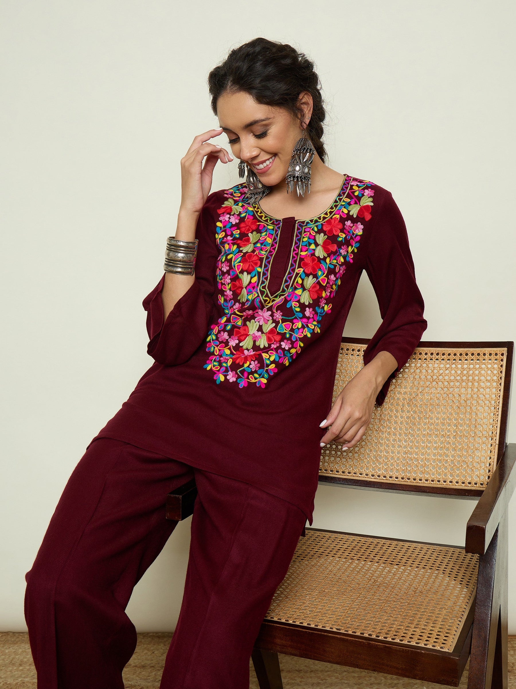 Maroon Woollen Embroidered Round Neck Short Kurta With Straight Pants -Shae By SASSAFRAS