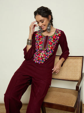 Maroon Woollen Embroidered Round Neck Short Kurta With Straight Pants -Shae By SASSAFRAS