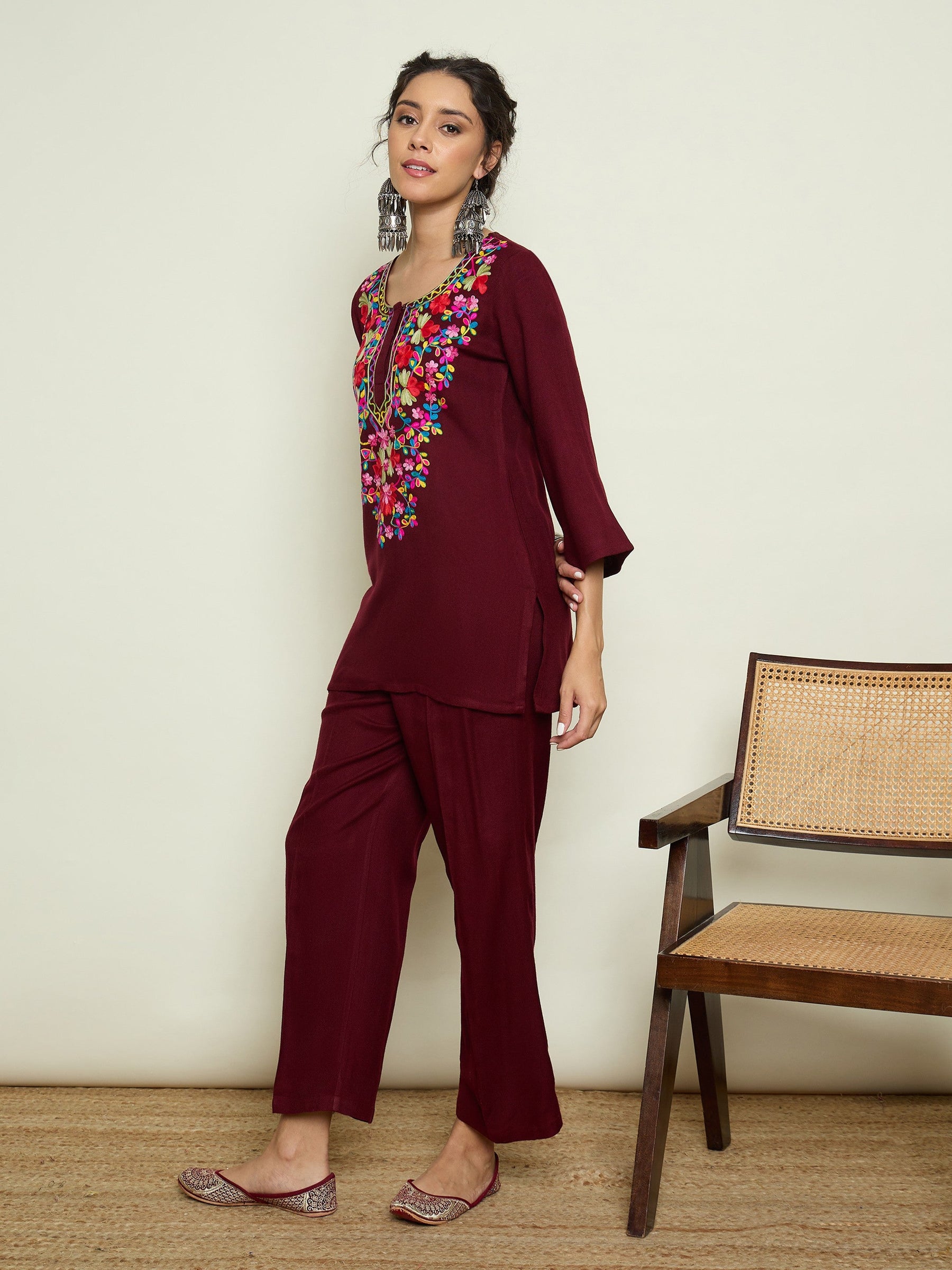 Maroon Woollen Embroidered Round Neck Short Kurta With Straight Pants -Shae By SASSAFRAS
