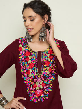 Maroon Woollen Embroidered Round Neck Short Kurta With Straight Pants -Shae By SASSAFRAS