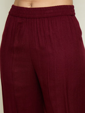 Maroon Woollen Embroidered Round Neck Short Kurta With Straight Pants -Shae By SASSAFRAS