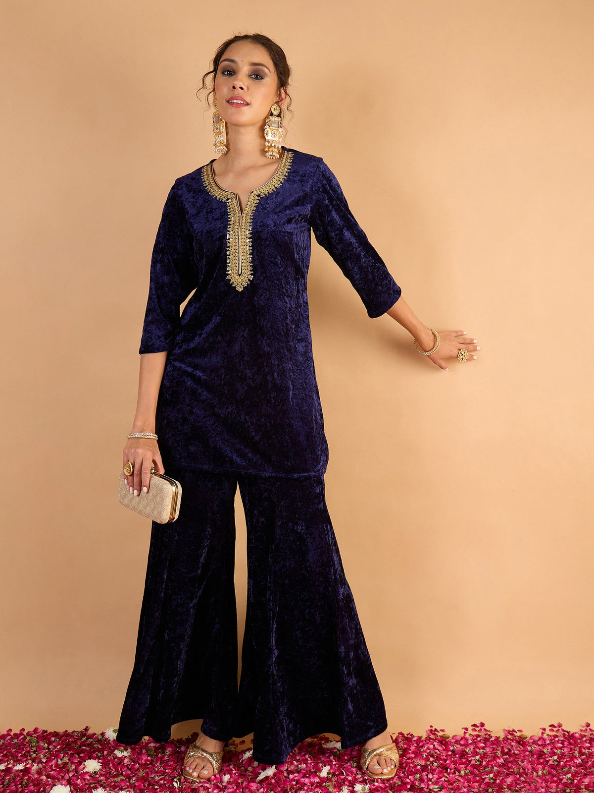 Navy Blue Velvet Embroidered Short Kurta With Palazzos-Shae By SASSAFRAS