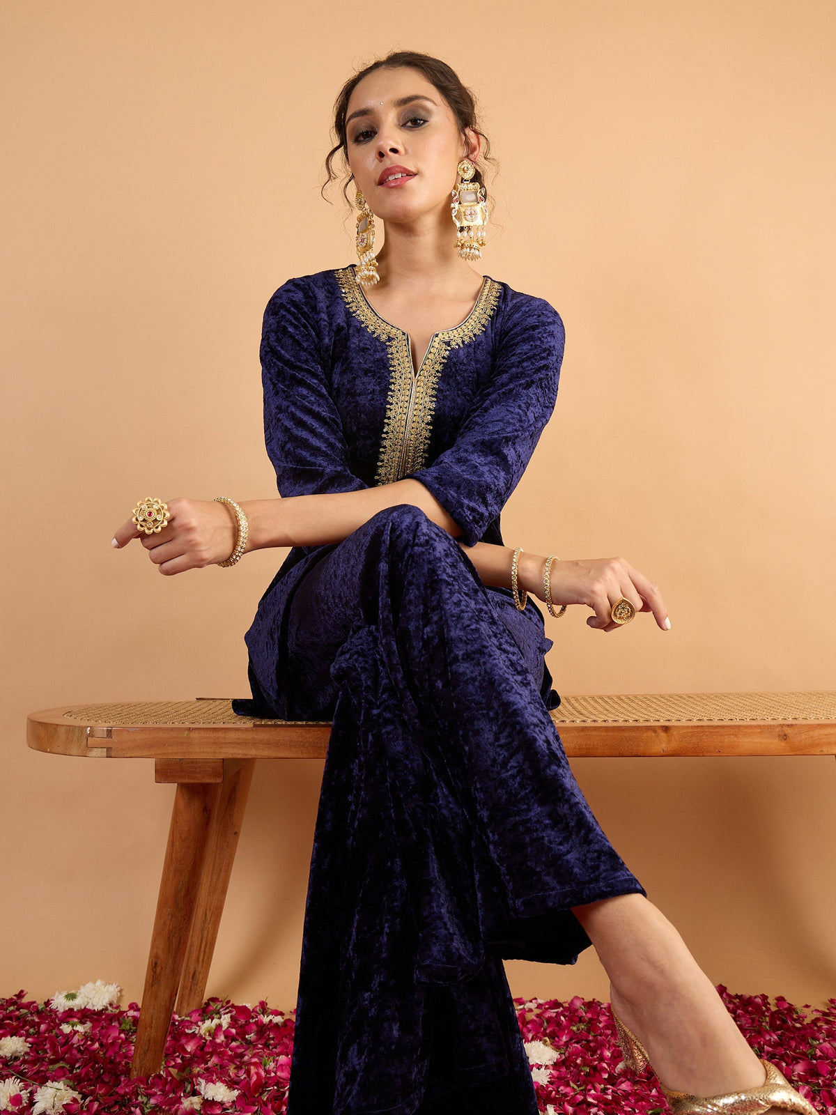 Navy Blue Velvet Embroidered Short Kurta With Palazzos-Shae By SASSAFRAS