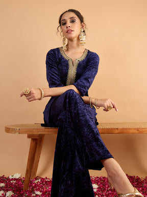 Navy Blue Velvet Embroidered Short Kurta With Palazzos-Shae By SASSAFRAS