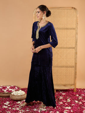 Navy Blue Velvet Embroidered Short Kurta With Palazzos-Shae By SASSAFRAS