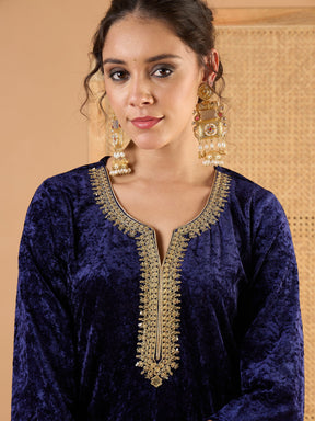 Navy Blue Velvet Embroidered Short Kurta With Palazzos-Shae By SASSAFRAS