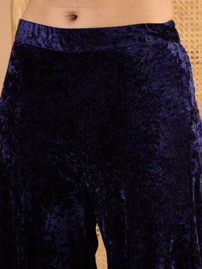Navy Blue Velvet Embroidered Short Kurta With Palazzos-Shae By SASSAFRAS