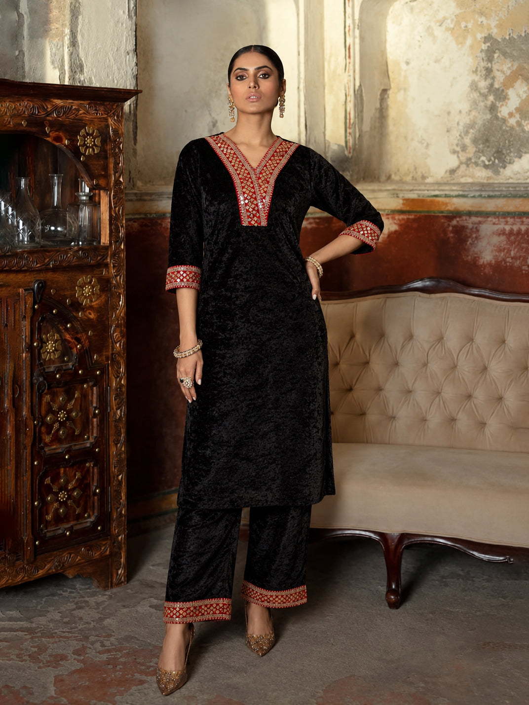 Women Black Velvet V Neck Embroidered Kurta With Straight Pants