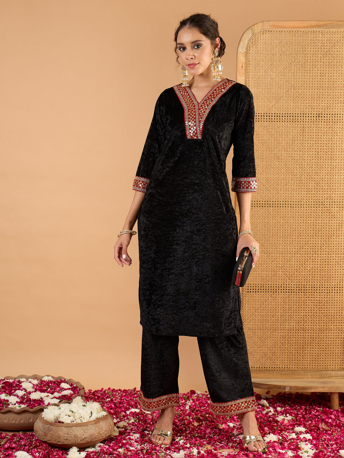Black Velvet V Neck Embroidered Kurta With Straight Pants -Shae by SASSAFRAS