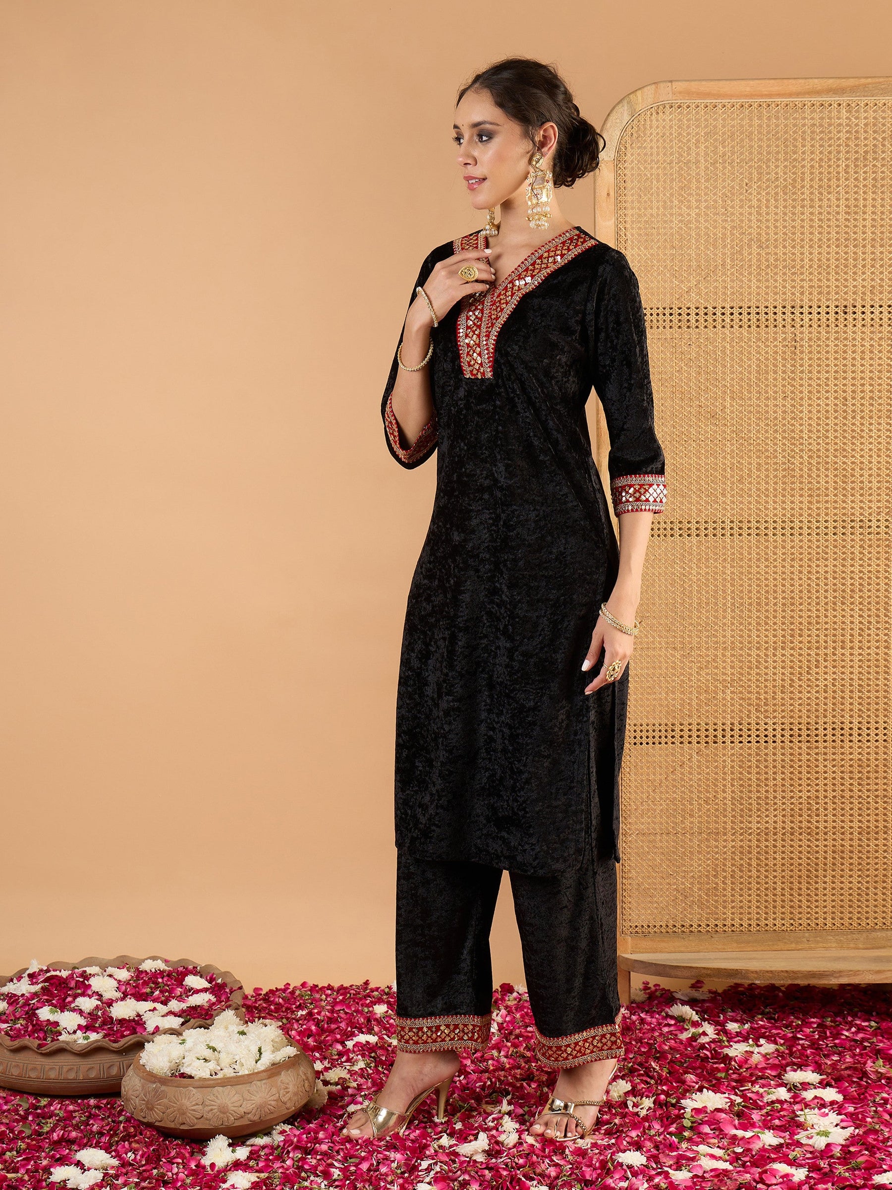 Black Velvet V Neck Embroidered Kurta With Straight Pants -Shae by SASSAFRAS