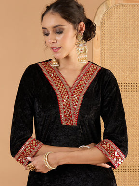 Black Velvet V Neck Embroidered Kurta With Straight Pants -Shae by SASSAFRAS