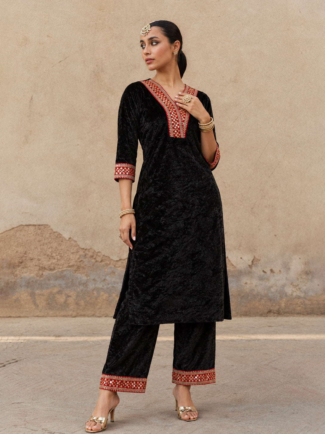 Black Velvet V Neck Embroidered Kurta With Straight Pants -Shae by SASSAFRAS