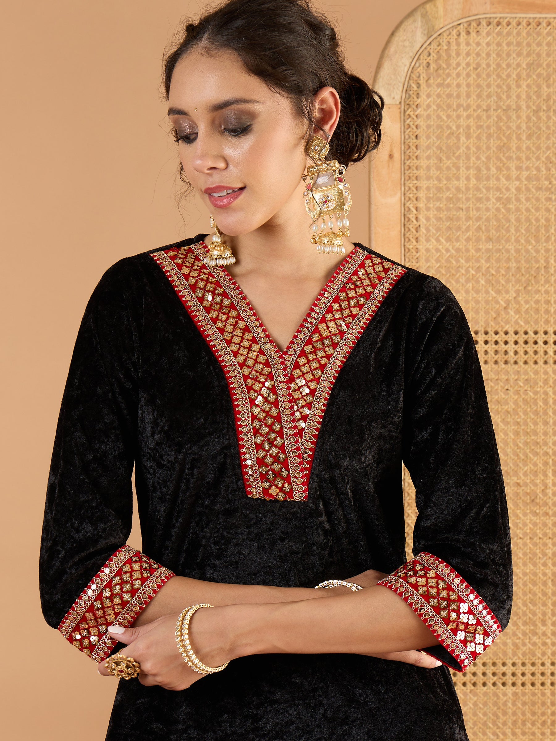 Black Velvet V Neck Embroidered Kurta With Straight Pants -Shae by SASSAFRAS