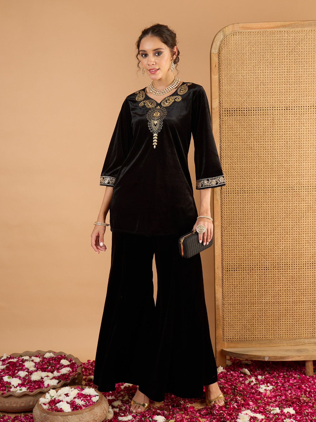 Black Velvet Embroidered V Neck Short Kurta With Palazzos-Shae By SASSAFRAS