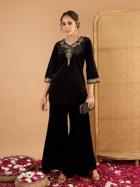 Black Velvet Embroidered V Neck Short Kurta With Palazzos-Shae By SASSAFRAS