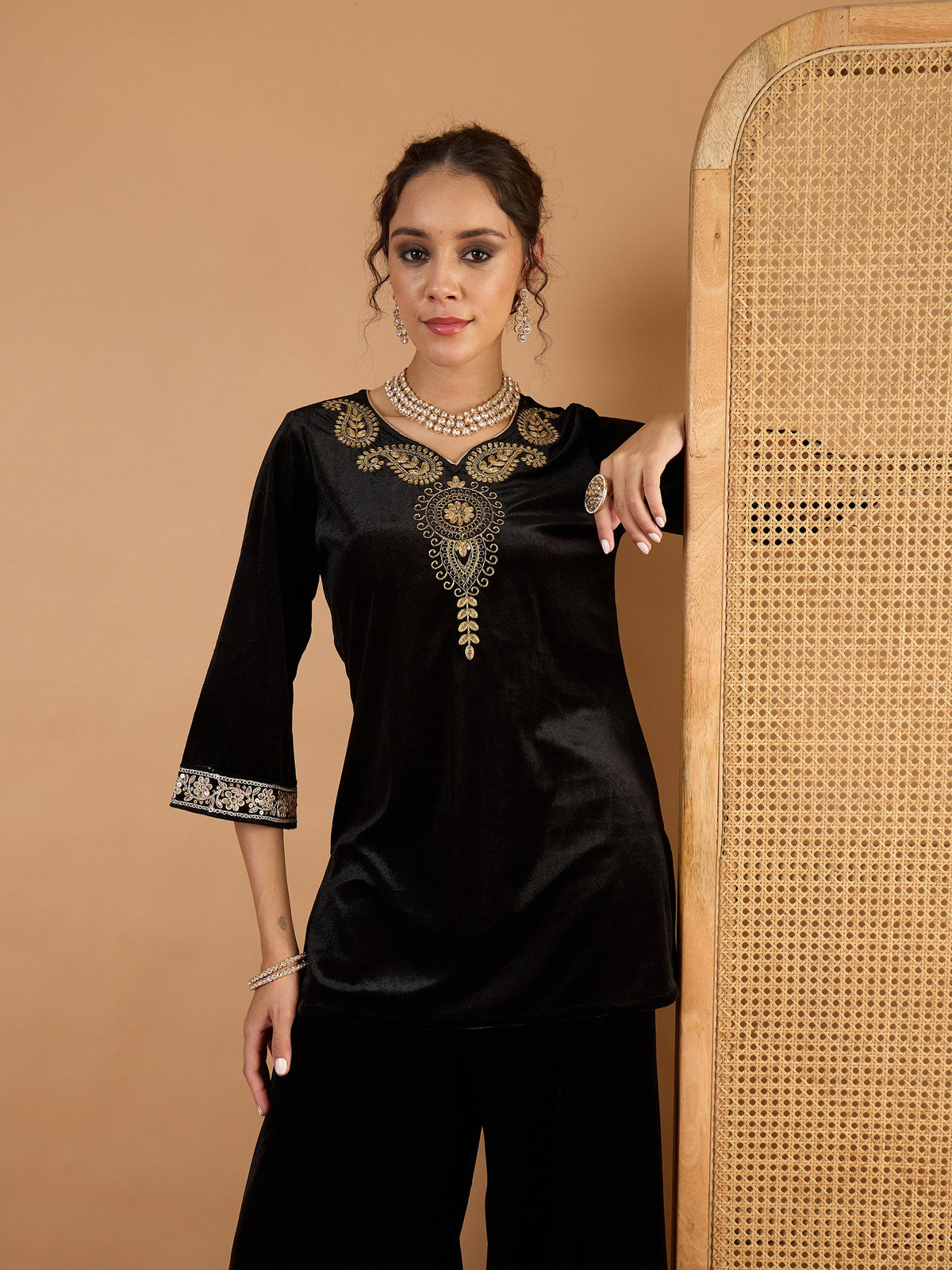 Black Velvet Embroidered V Neck Short Kurta With Palazzos-Shae By SASSAFRAS