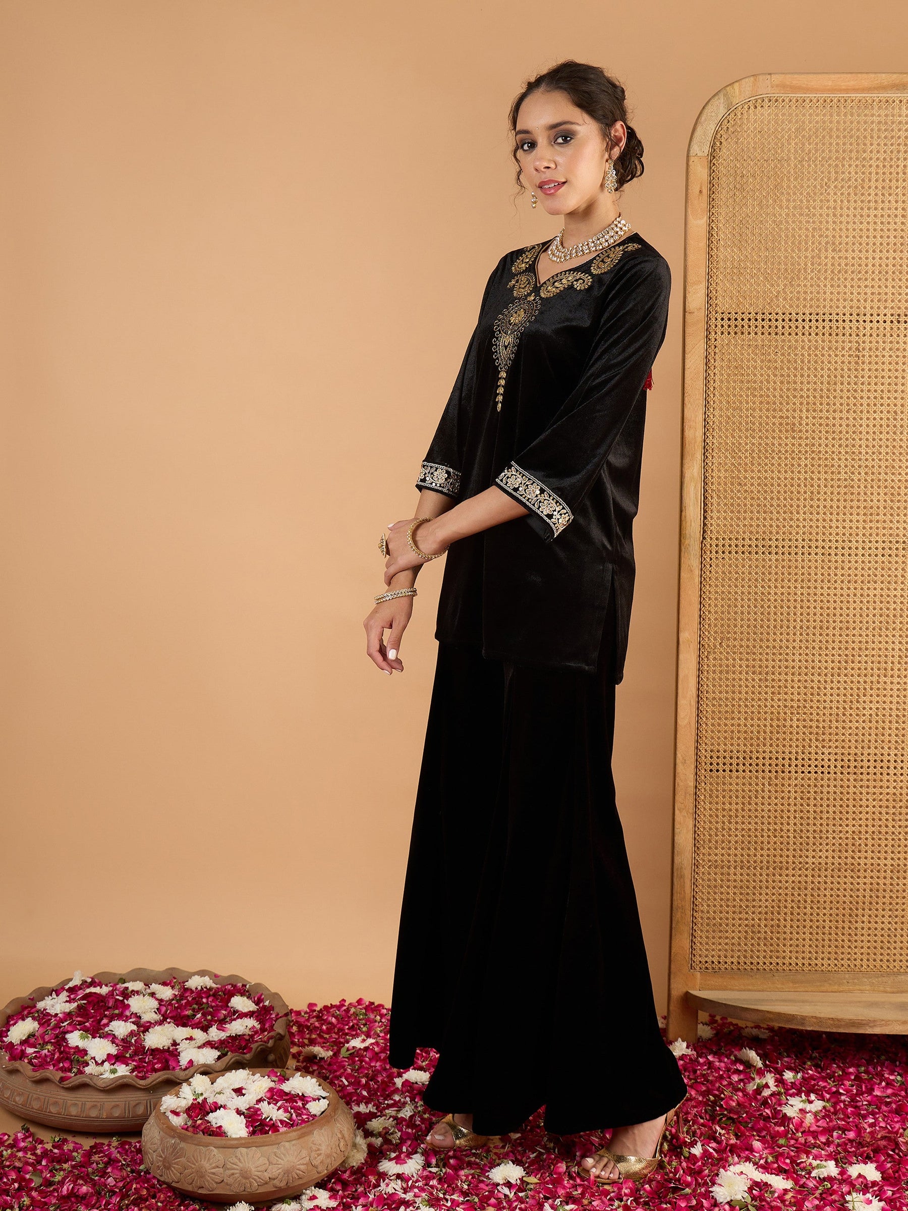 Black Velvet Embroidered V Neck Short Kurta With Palazzos-Shae By SASSAFRAS