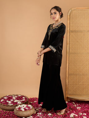 Black Velvet Embroidered V Neck Short Kurta With Palazzos-Shae By SASSAFRAS