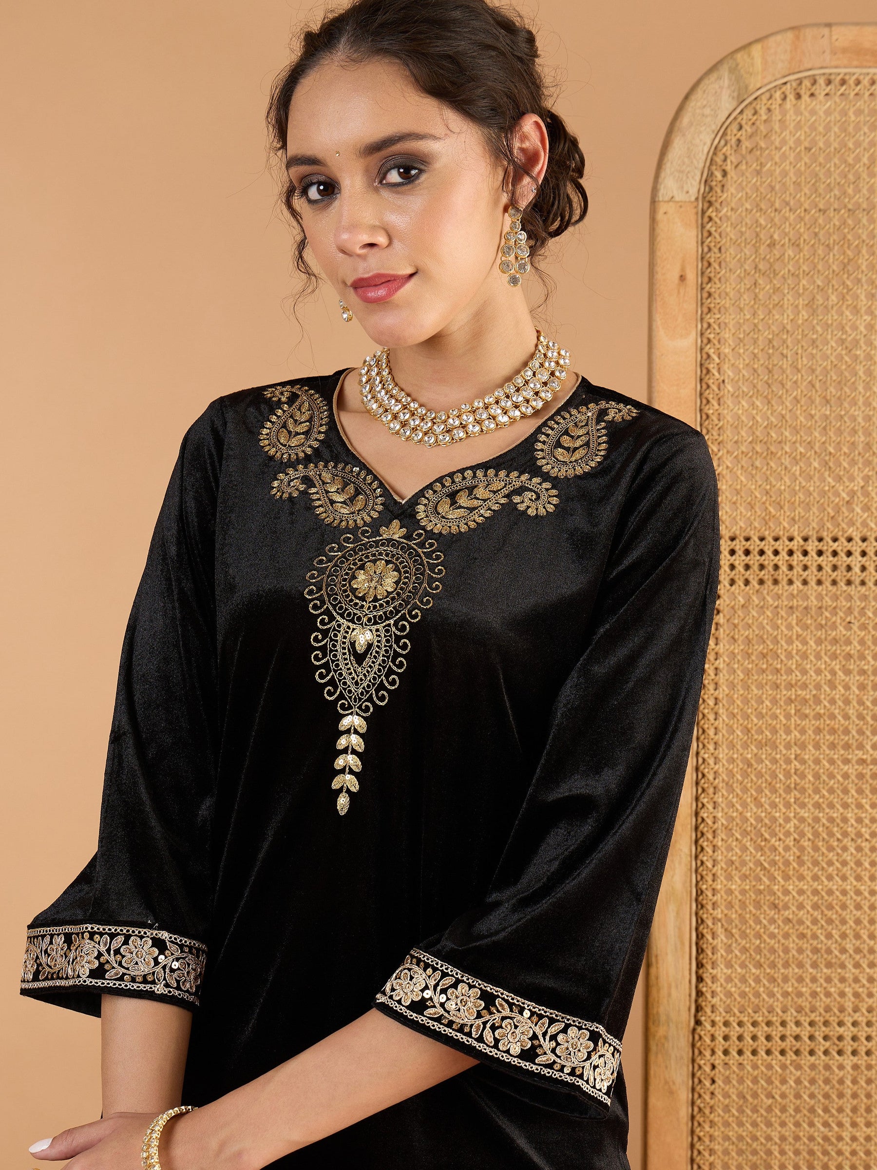 Black Velvet Embroidered V Neck Short Kurta With Palazzos-Shae By SASSAFRAS