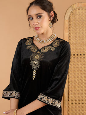Black Velvet Embroidered V Neck Short Kurta With Palazzos-Shae By SASSAFRAS