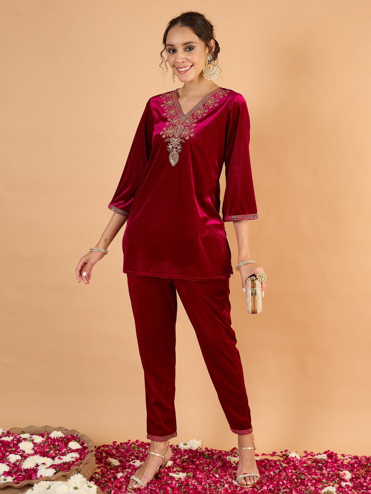 Fuchsia Velvet Embroidered Short Kurta With Pencil Pants-Shae By SASSAFRAS