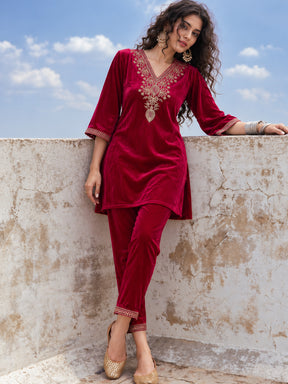 Fuchsia Velvet Embroidered Short Kurta With Pencil Pants-Shae by SASSAFRAS