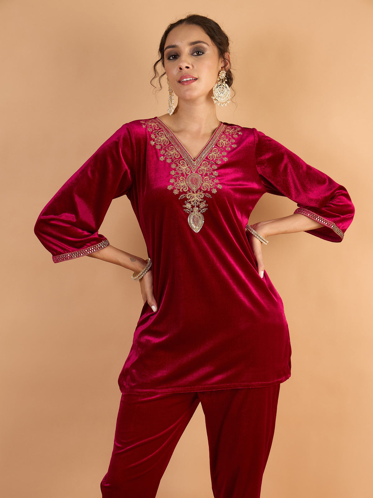 Fuchsia Velvet Embroidered Short Kurta With Pencil Pants-Shae by SASSAFRAS