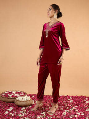 Fuchsia Velvet Embroidered Short Kurta With Pencil Pants-Shae by SASSAFRAS