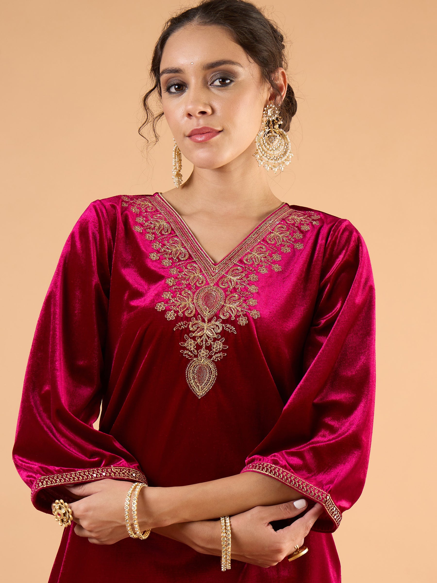Fuchsia Velvet Embroidered Short Kurta With Pencil Pants-Shae by SASSAFRAS