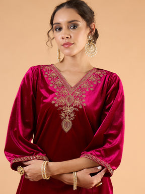 Fuchsia Velvet Embroidered Short Kurta With Pencil Pants-Shae by SASSAFRAS