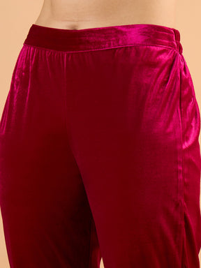 Fuchsia Velvet Embroidered Short Kurta With Pencil Pants-Shae by SASSAFRAS
