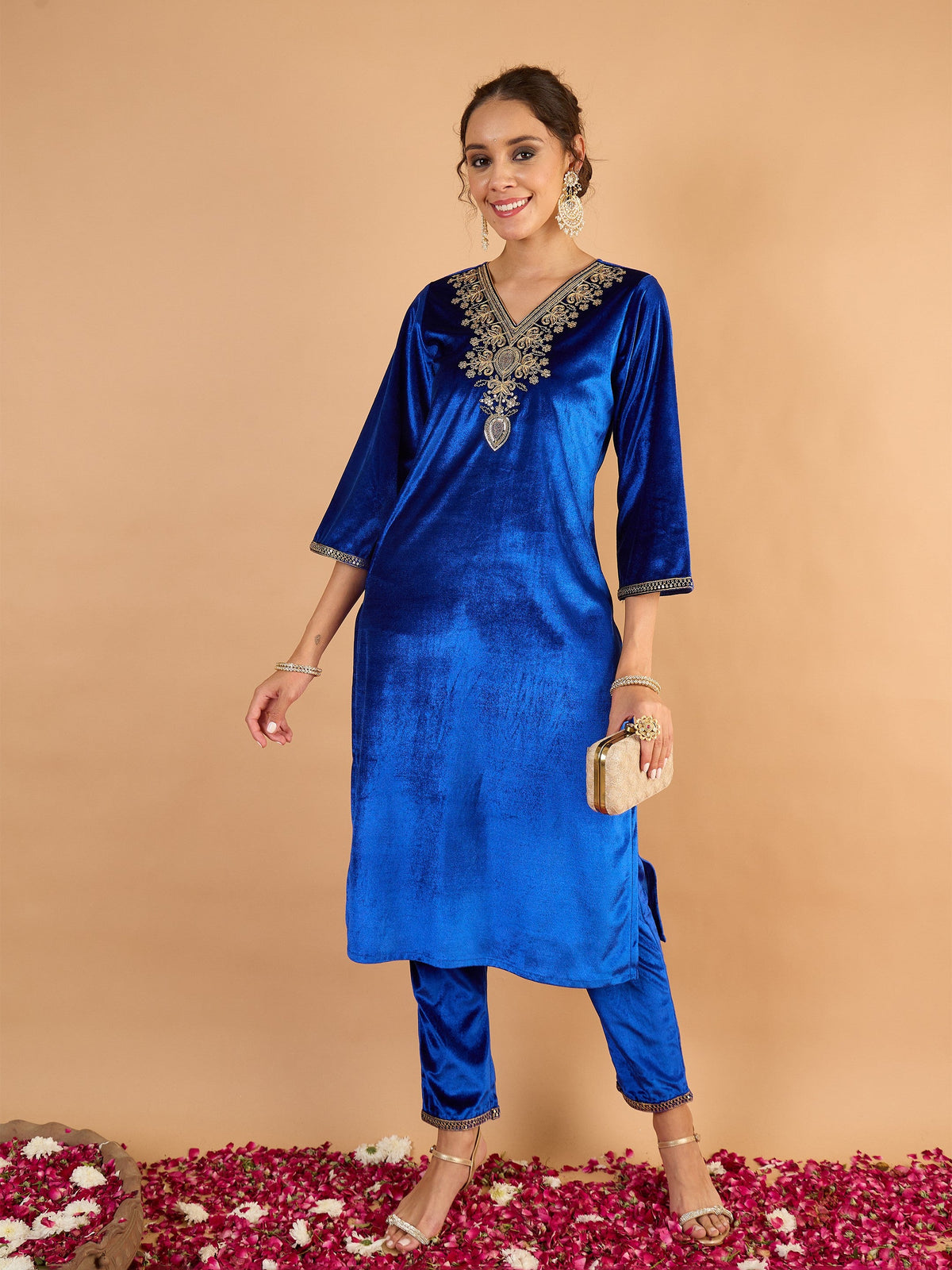 Royal Blue Velvet Embroidered Straight Kurta With Pencil Pants -Shae By SASSAFRAS