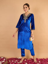 Royal Blue Velvet Embroidered Straight Kurta With Pencil Pants -Shae By SASSAFRAS