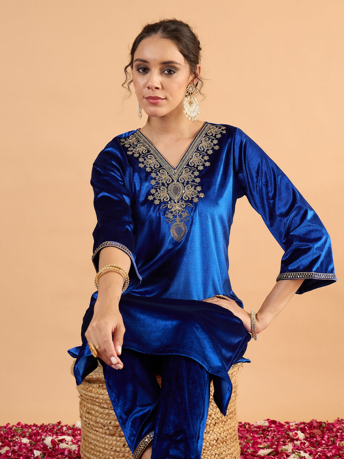 Royal Blue Velvet Embroidered Straight Kurta With Pencil Pants -Shae By SASSAFRAS