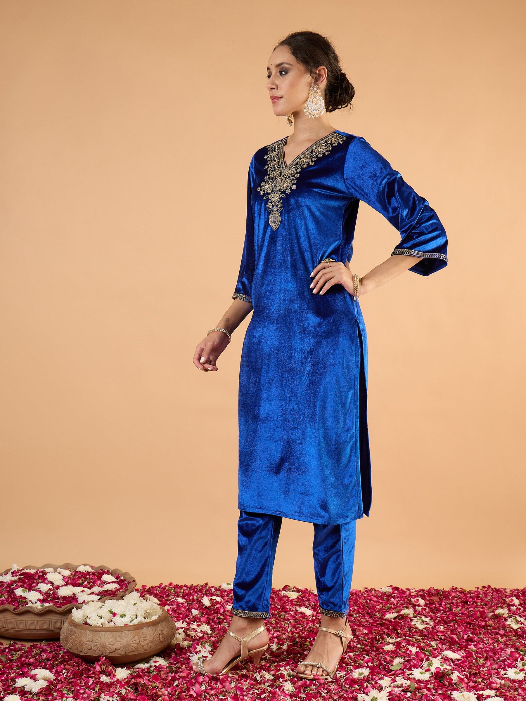 Royal Blue Velvet Embroidered Straight Kurta With Pencil Pants -Shae By SASSAFRAS