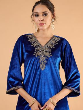 Royal Blue Velvet Embroidered Straight Kurta With Pencil Pants -Shae By SASSAFRAS