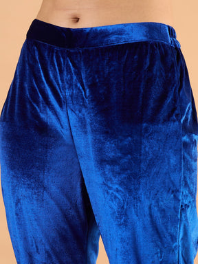 Royal Blue Velvet Embroidered Straight Kurta With Pencil Pants -Shae By SASSAFRAS