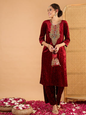 Maroon Velvet Embroidered Straight Kurta With Straight Pants -Shae By SASSAFRAS