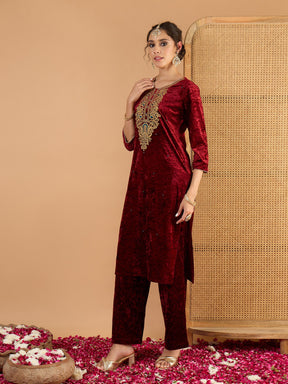 Maroon Velvet Embroidered Straight Kurta With Straight Pants -Shae By SASSAFRAS