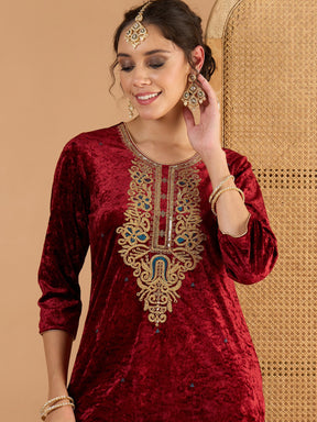 Maroon Velvet Embroidered Straight Kurta With Straight Pants -Shae By SASSAFRAS