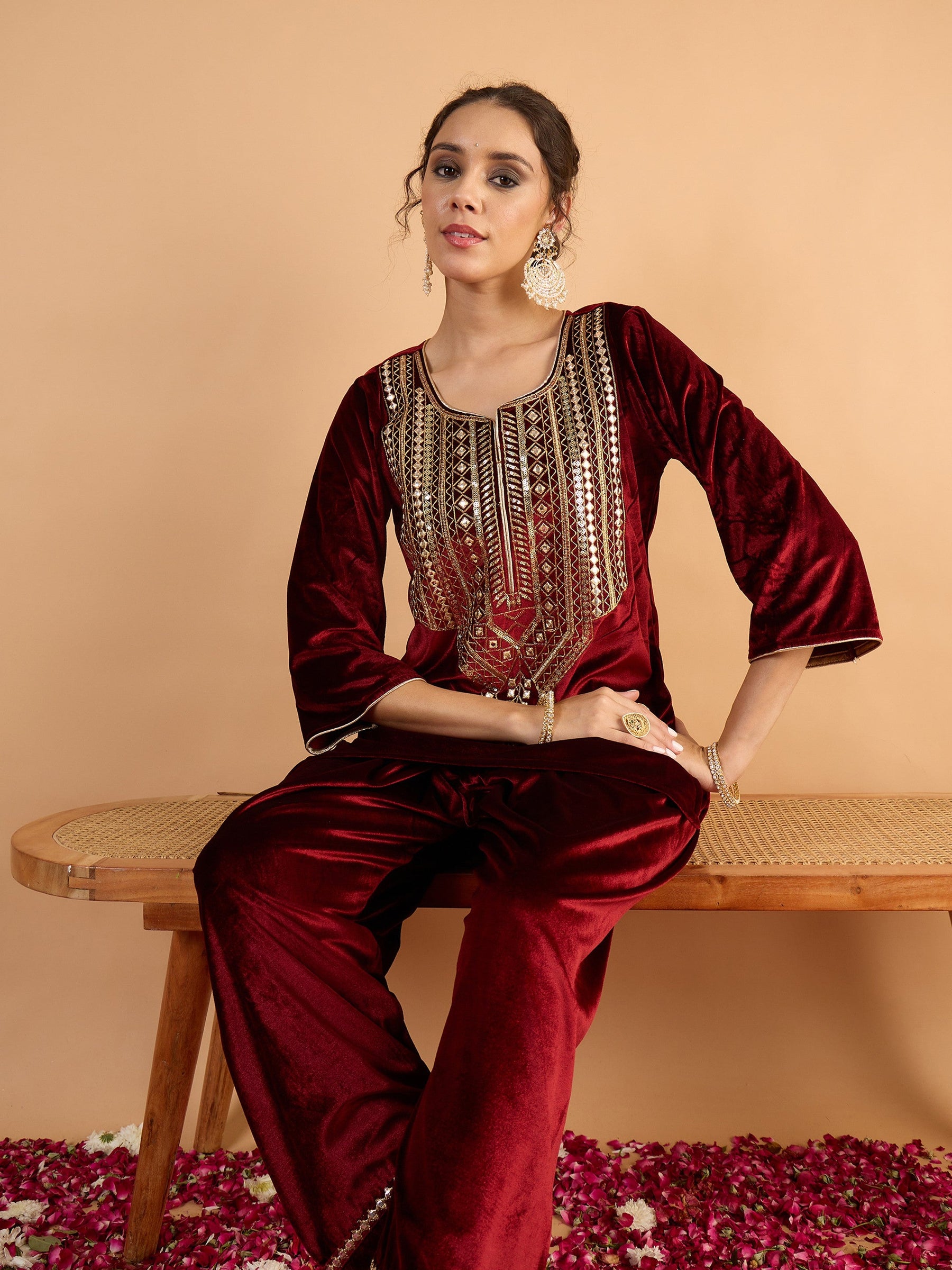 Maroon Velvet Embroidered Short Kurta With Farshi Salwar-Shae By SASSAFRAS