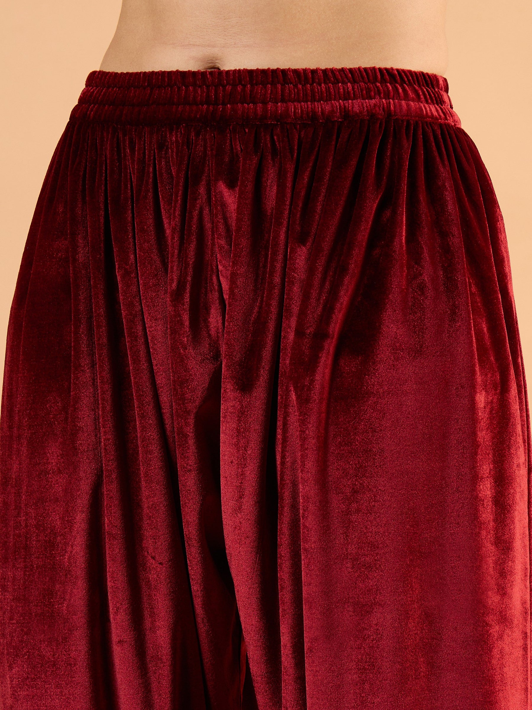 Maroon Velvet Embroidered Short Kurta With Farshi Salwar-Shae By SASSAFRAS